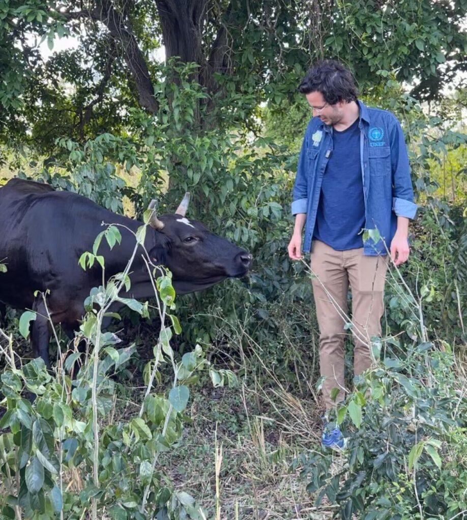 Plant-for-the-Planet Gründer Felix Finkbeiner mit einer Kuh auf Ramses' Farm in Mexiko.